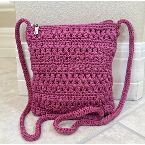 The Sak Handbags - The Sak Pink Crochet Shoulder Bag Zip Closure Crossbody Boho Festival Hippie
